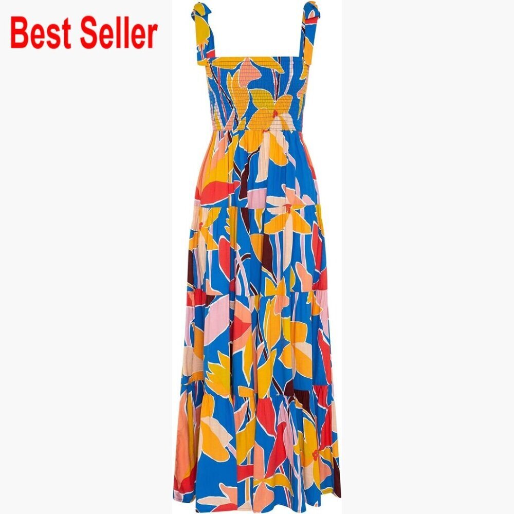 Polyester Spaghetti Strap Square Neck Ruffle Maxi Dress